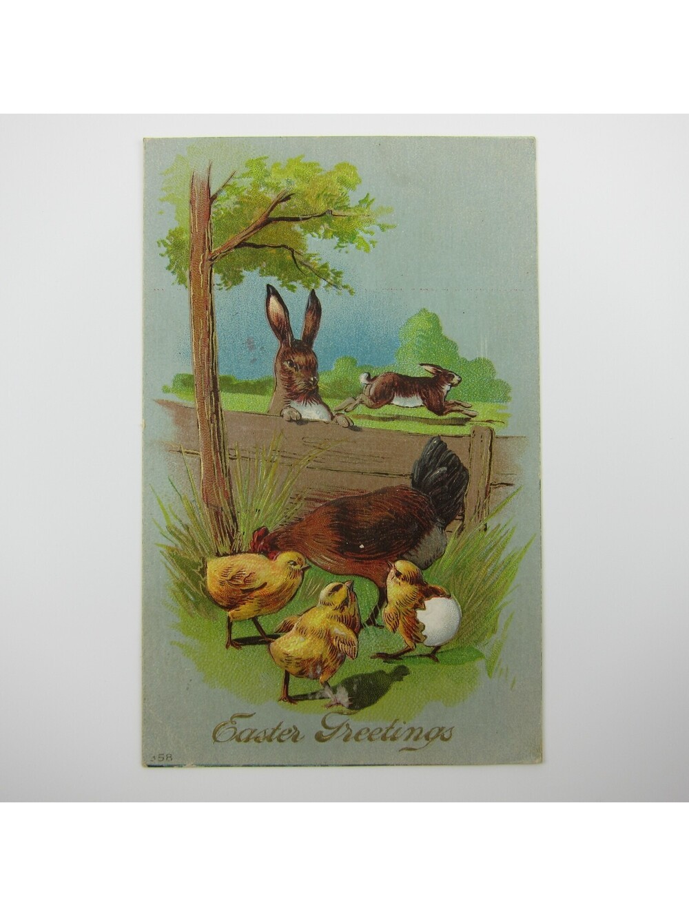 Easter Postcard Rabbits Chicken Yellow Chicks Hatch Egg Embossed Antique 1910